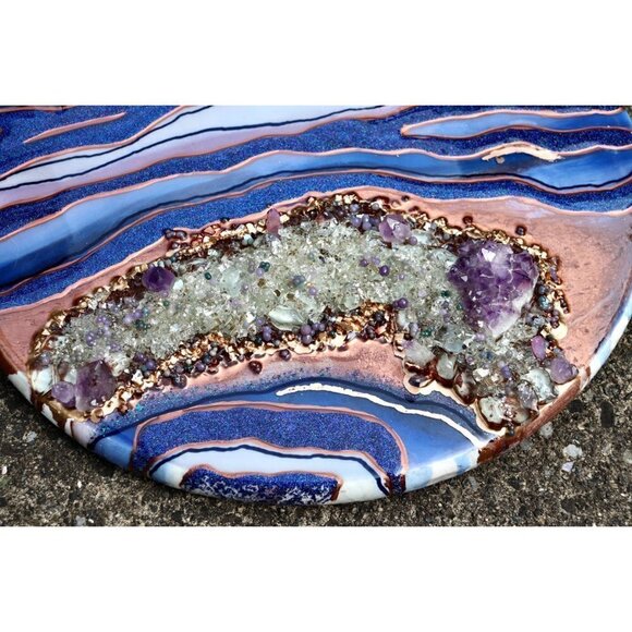 Geode Resin Art 18" Round Piece Purple Amethyst Crystals & Grape Agate - Picture 8 of 9